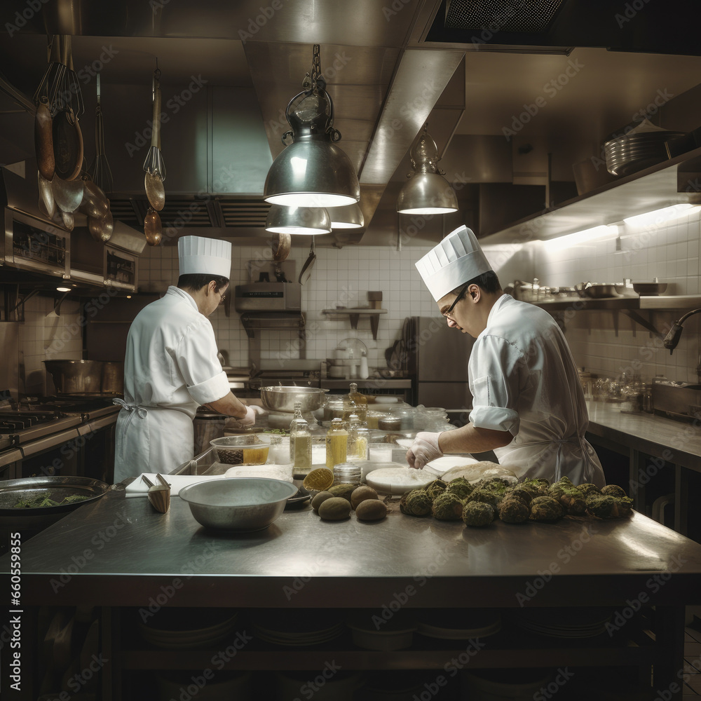 photo created in IA of two cooks cooking in a professional restaurant kitchen. photo created in IA of two cooks cooking in a professional restaurant kitchen.