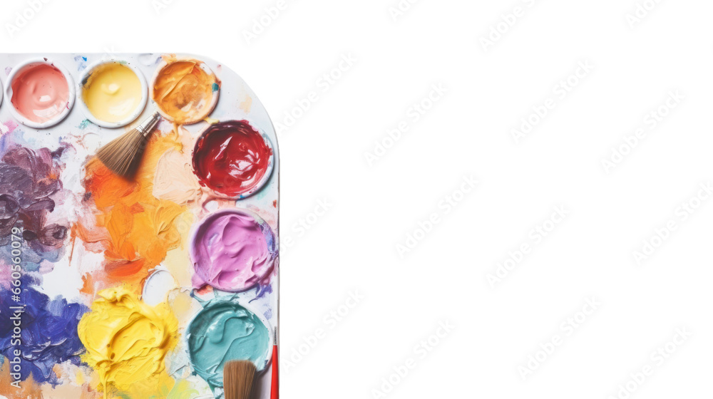 Palette with paints and paintbrushes on a transparent background Palette with paints and paintbrushes on a transparent background