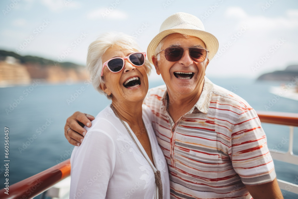 Happy retired senior couple enjoying cruise vacation. Mature man and woman yachting travelling by sea. Active retirement lifestyle
