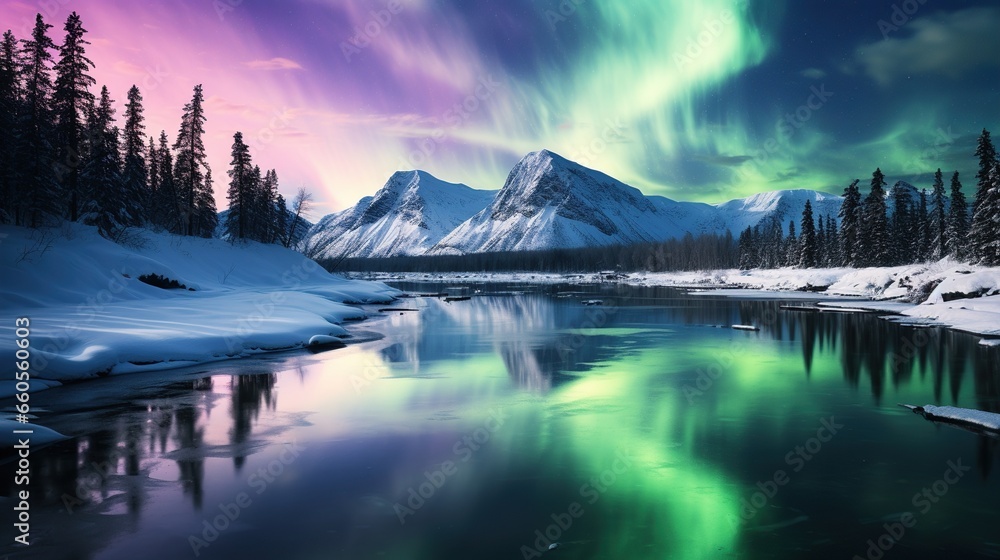 Aurora view with river and mountains under northern lights in night sky