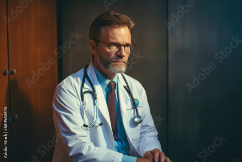Mature Cardiologist Reflecting: Pensive Doctor in 50s Sitting in Clinic Office with Lab Coat