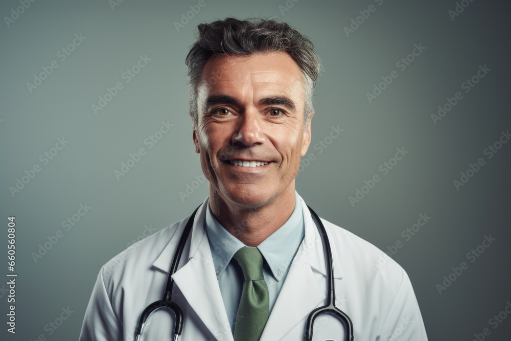 Close-Up of Smiling Caucasian Doctor in his 50s, Standing Close-Up of Smiling Caucasian Doctor in his 50s, Standing