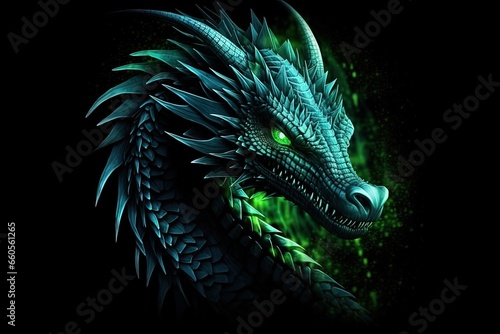 abstraction of a green dragon on a dark background, for design, symbol of the year 2024 © Irina