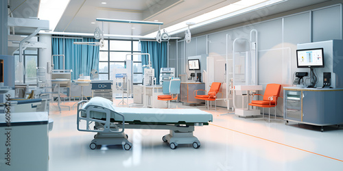 A hospital room with a blue and white hospital bed and orande chairs background  photo