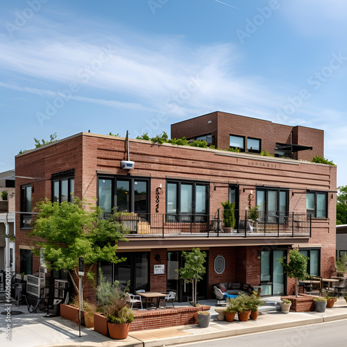 Modernes Backsatein Gebäude rot große Fenster Grüne Pflanzen Schick Modern brick building red large windows green plants chic