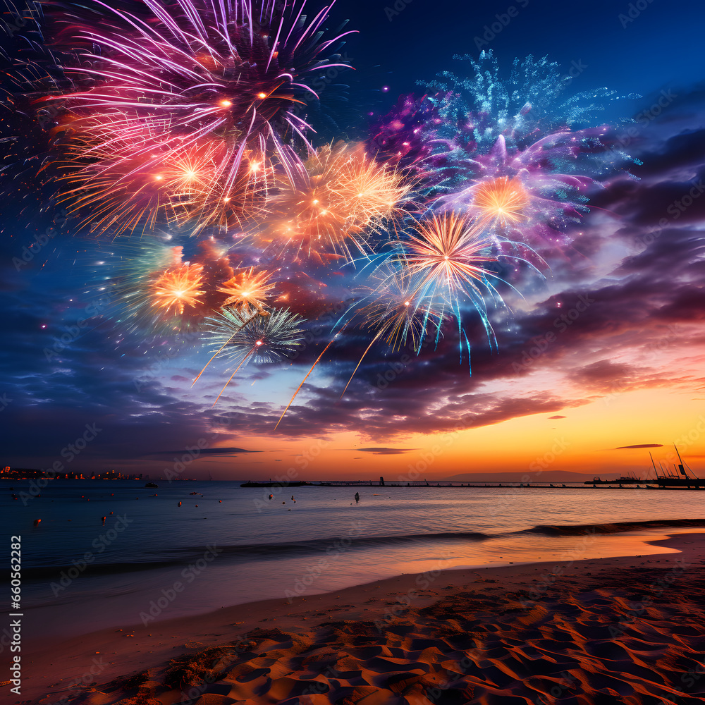 Outdoor decoration and seasonal greeting with fireworks, hearts, light, sunset