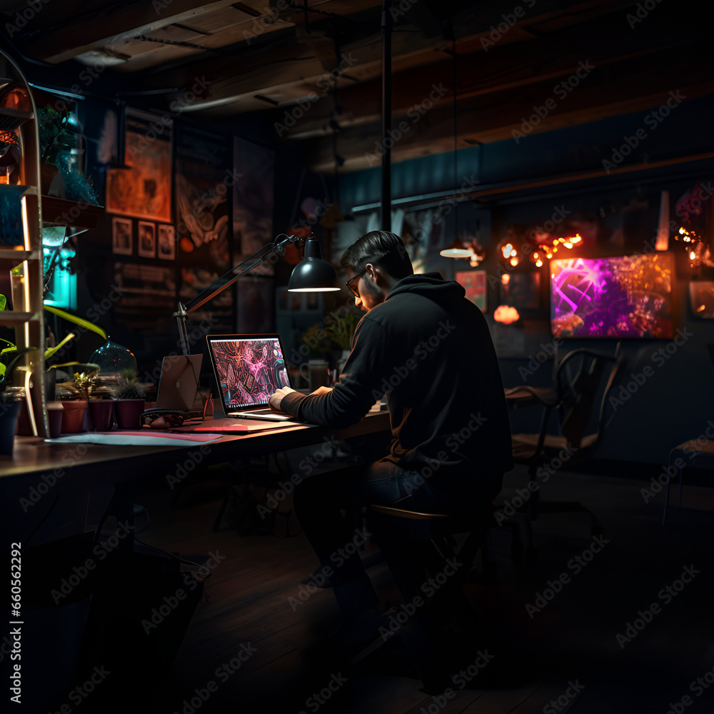 Mann in einem dunklen Raum am Arbeiten Laptop computer LED Man in a dark room working on laptop computer LED