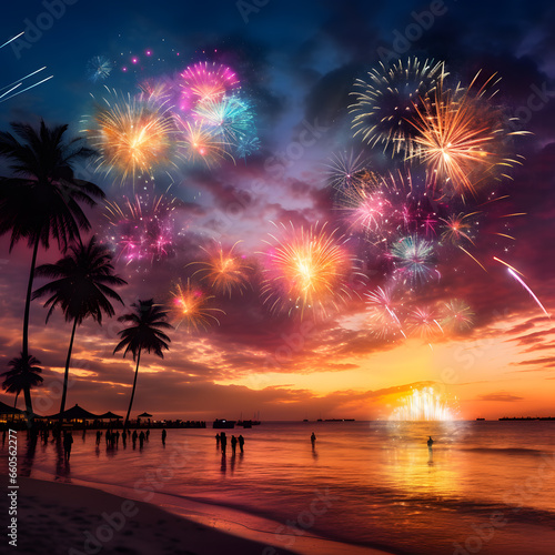 Outdoor decoration and seasonal greeting with fireworks, hearts, light, sunset