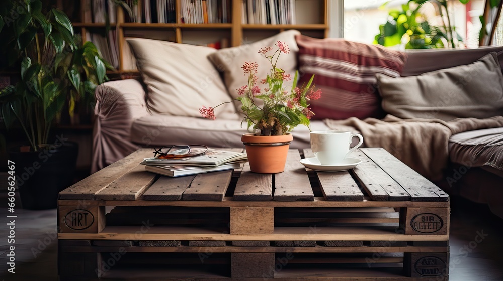 A beautiful living room setting features a center table creatively upcycled from cargo pallets, merging eco-friendliness with modern design. Generative AI.