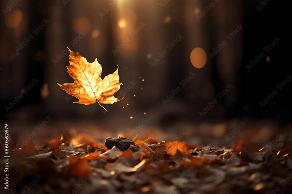 single falling leaf carried by the wind