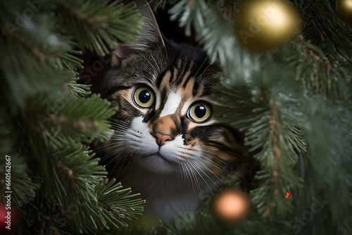 cat on christmas tree