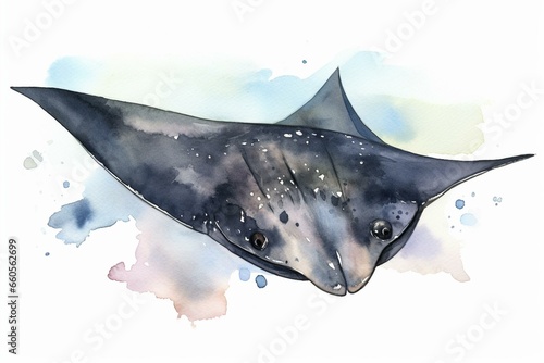 Watercolor illustration of a black manta ray swimming in an isolated ocean, depicted on a white background. Generative AI