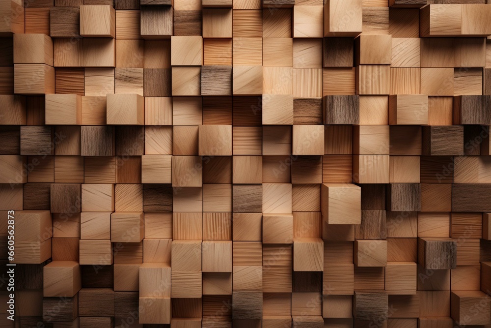 Textured wall background with wooden tiles. Rectangular wallpaper with natural blocks. 3D. Generative AI