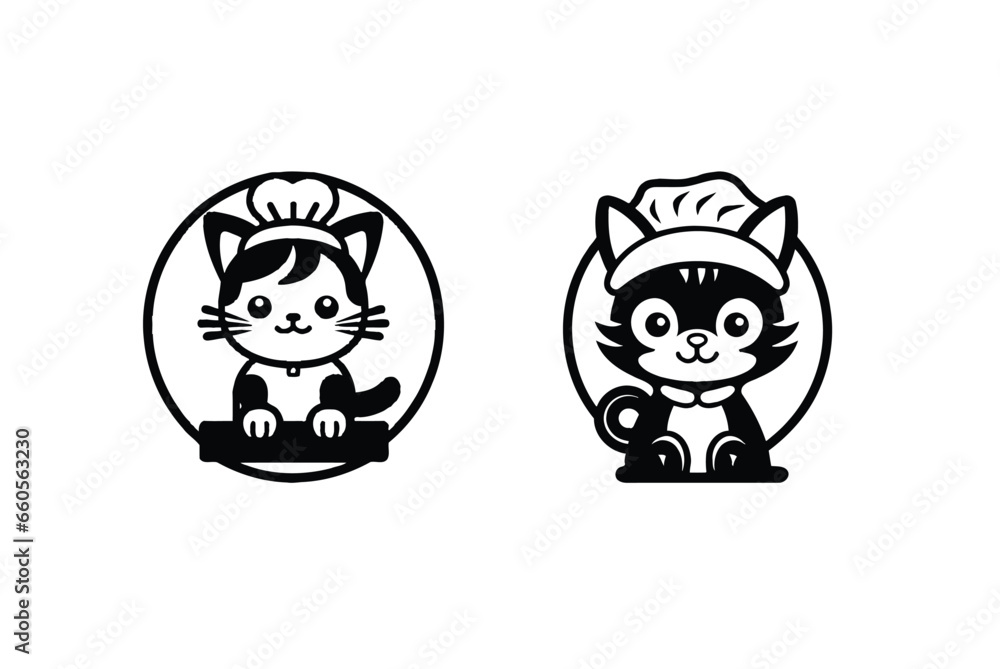 cute cat chef black and white logo vector cute cat chef black and white logo vector