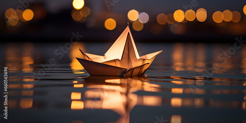 Alone paper boat sailing along the river at lighting blur background 