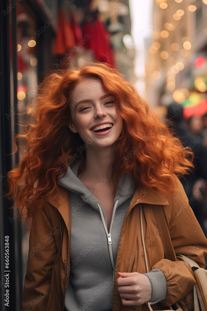Fototapeta premium Beautiful red-haired smiling young girl in a brown coat on the street at the New Year's fair on a background with garland, lights, bokeh. Christmas, New Year joy concept