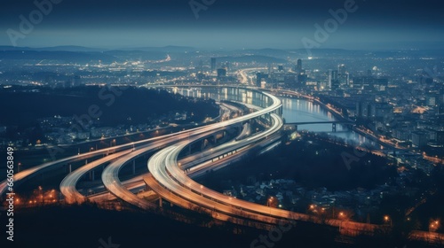 Night highway view with neon lights top view