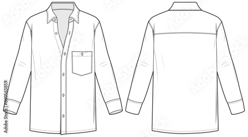 Men's long sleeves formal shirt flat sketch illustration cad drawing, Woven shirt for formal wear and casual wear fashion illustration template mock up