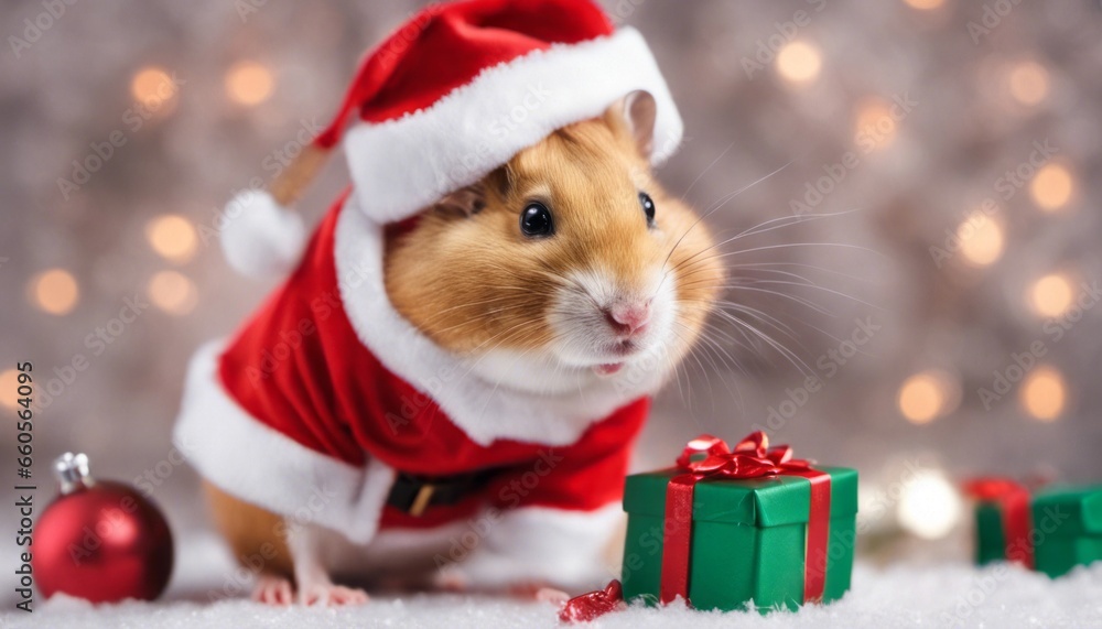 a joyful image of a hamster dressed as Santa Claus delivering miniature gifts, leaving space for 'Santa Paws' wishes. a joyful image of a hamster dressed as Santa Claus delivering miniature gifts, leaving space for 'Santa Paws' wishes.