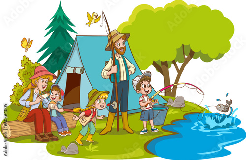 vector illustration of family camping and fishing