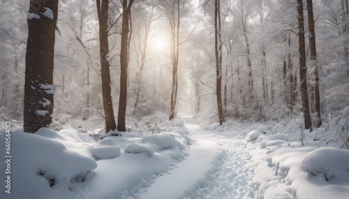 A serene, snow-covered forest with a trail leading into the wilderness, offering an open area for an inspirational quote.