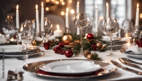 An image of a festive holiday dinner with elegant table settings and blank place cards for customization beside each seat.