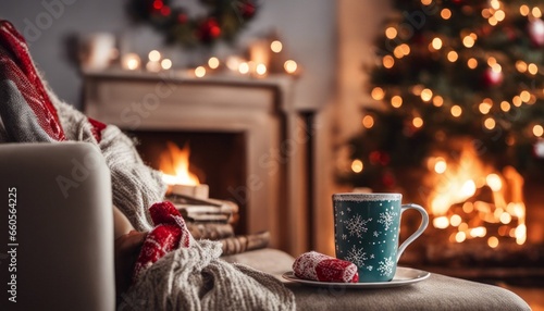 A cozy living room with a lit fireplace  holiday decorations  and a cup of hot cocoa.
