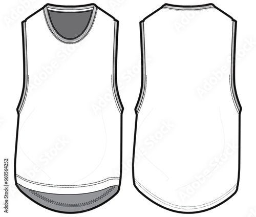 Men's sleeveless T Shirt vest flat sketch fashion illustration drawing template mock up with front and back view. Tank top cad drawing template