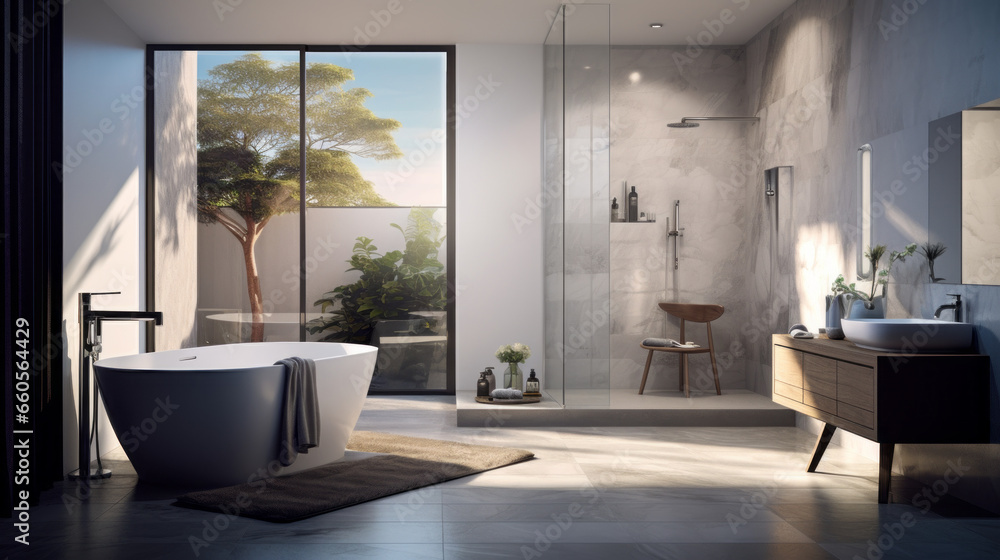 Fototapeta premium Bathroom with a freestanding tub and a large walk-in shower and floating shelves