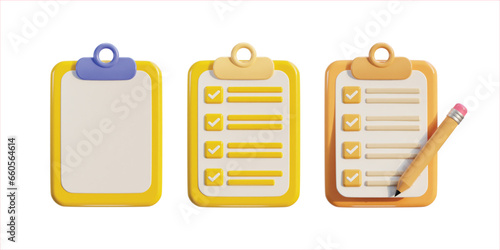 clipboard icon with paper check list icon set 3d render