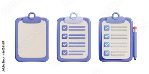 clipboard icon with paper check list icon set 3d render