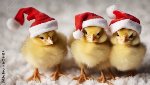 a whimsical scene of a group of baby chicks in Santa hats, with [Blank Space] for adding holiday cheer.