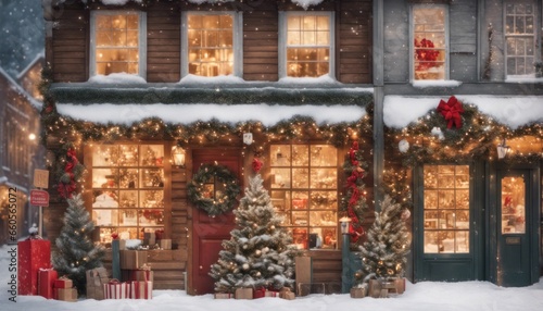 A beautiful Christmas village scene with blank signs on the storefronts for custom shop names and greetings.