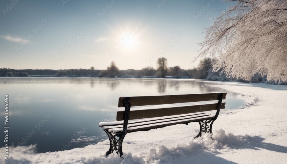 A snowy park bench overlooking a frozen lake, perfect for adding a 'Winter Peace' message below the bench.