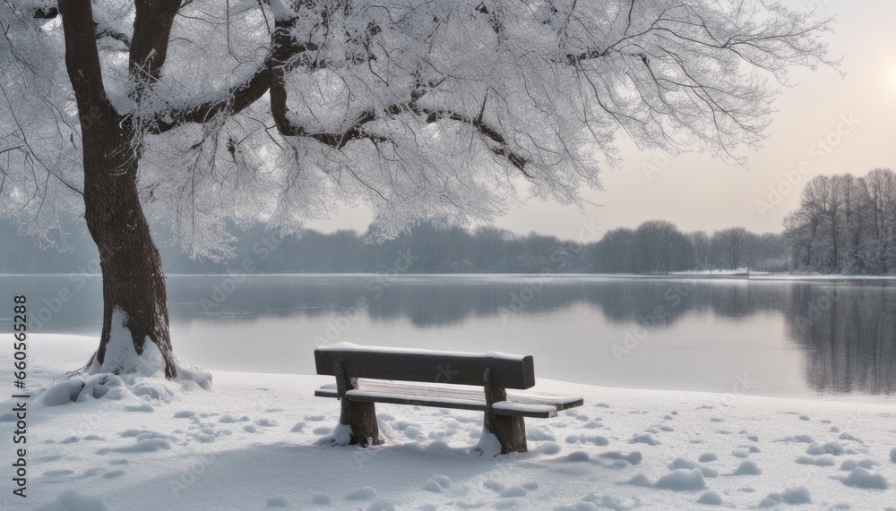 A snowy park bench overlooking a frozen lake, perfect for adding a 'Winter Peace' message below the bench.