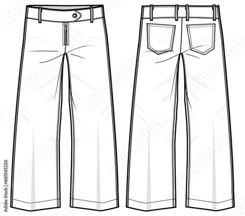 Women Flare denim jeans trouser pants front and back view flat sketch fashion illustration, Oversize Boot cut five pockets jeans denim pants cad drawing vector template