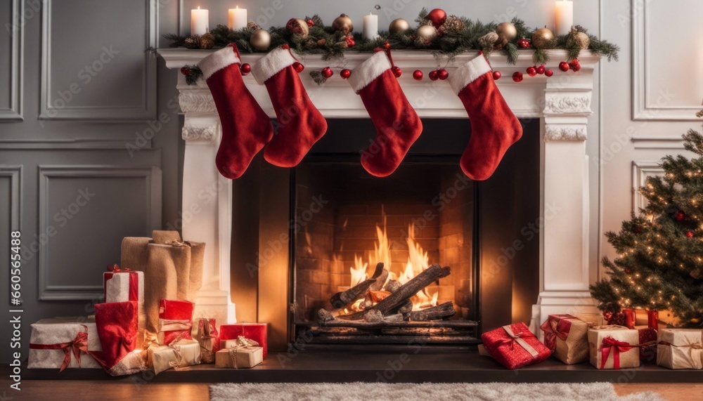 A cozy fireplace with stockings hanging on the mantel, leaving space for personalized names or a 'Merry Christmas' message. A cozy fireplace with stockings hanging on the mantel, leaving space for personalized names or a 'Merry Christmas' message.