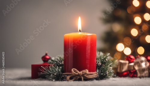 A close-up of a lit Christmas candle with blank space around the candle for an inspirational holiday quote.