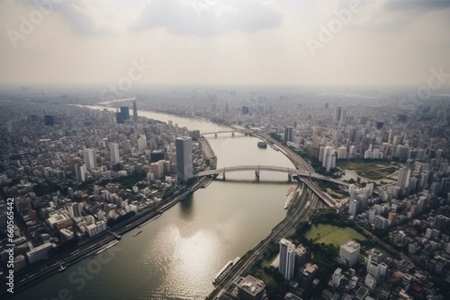 Bird's-eye view of the Sumida River in Tokyo. Generative AI