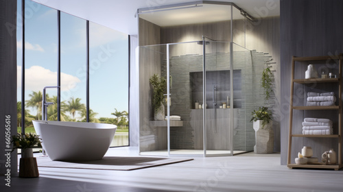 Bathroom with a luxurious spa shower and a freestanding tub and a built-in mirror