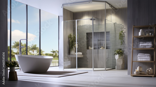Bathroom with a luxurious spa shower and a freestanding tub and a built-in mirror