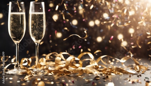 Confetti and champagne on New Year's Eve, with room for event information on banners or above