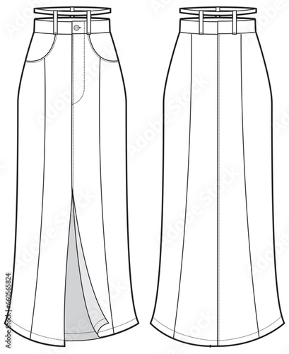 Women front slit Column Skirt with pocket flat sketch illustration, Womens long denim skirt font and back view technical drawing vector illustration