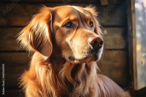 Closeup Portrait of a Golden Retriever Against a Wooden Wall background