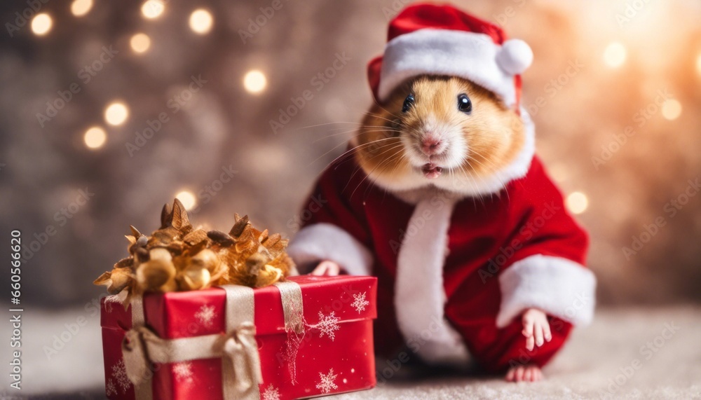 A joyful image of a hamster dressed as Santa Claus delivering miniature gifts, leaving space for 'Santa Paws' wishe
