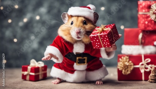 A joyful image of a hamster dressed as Santa Claus delivering miniature gifts, leaving space for 'Santa Paws' wishe photo