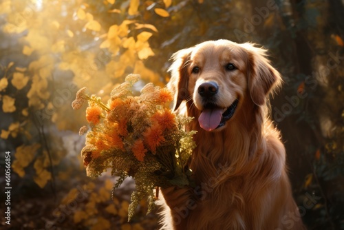 Cute retriever Dog with a Bouquet of Flowers blurred autumn foreat background