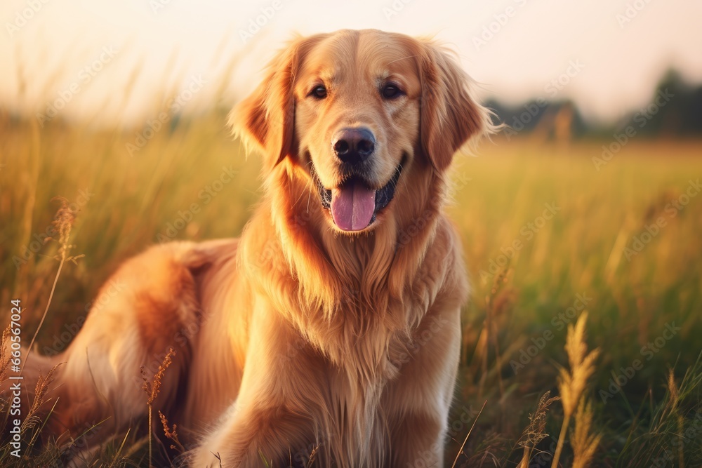 Golden Hour with a Golden Retriever on the wheat field. Pet on the nature. a walk with dog through the farmlands
