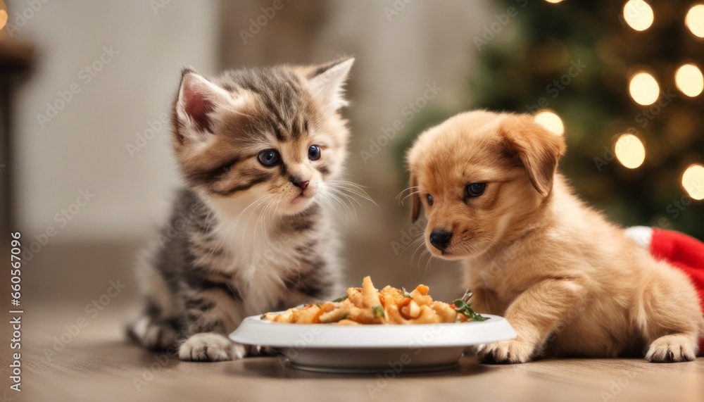 A heartwarming scene of a kitten and puppy sharing a holiday meal, leaving room for a 'Furry Feast' caption