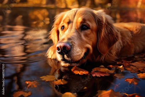 Golden Retriever Enjoying the Water in an Autumn Park. Dog on the nature with fall leaves. Walk with pet outdoor